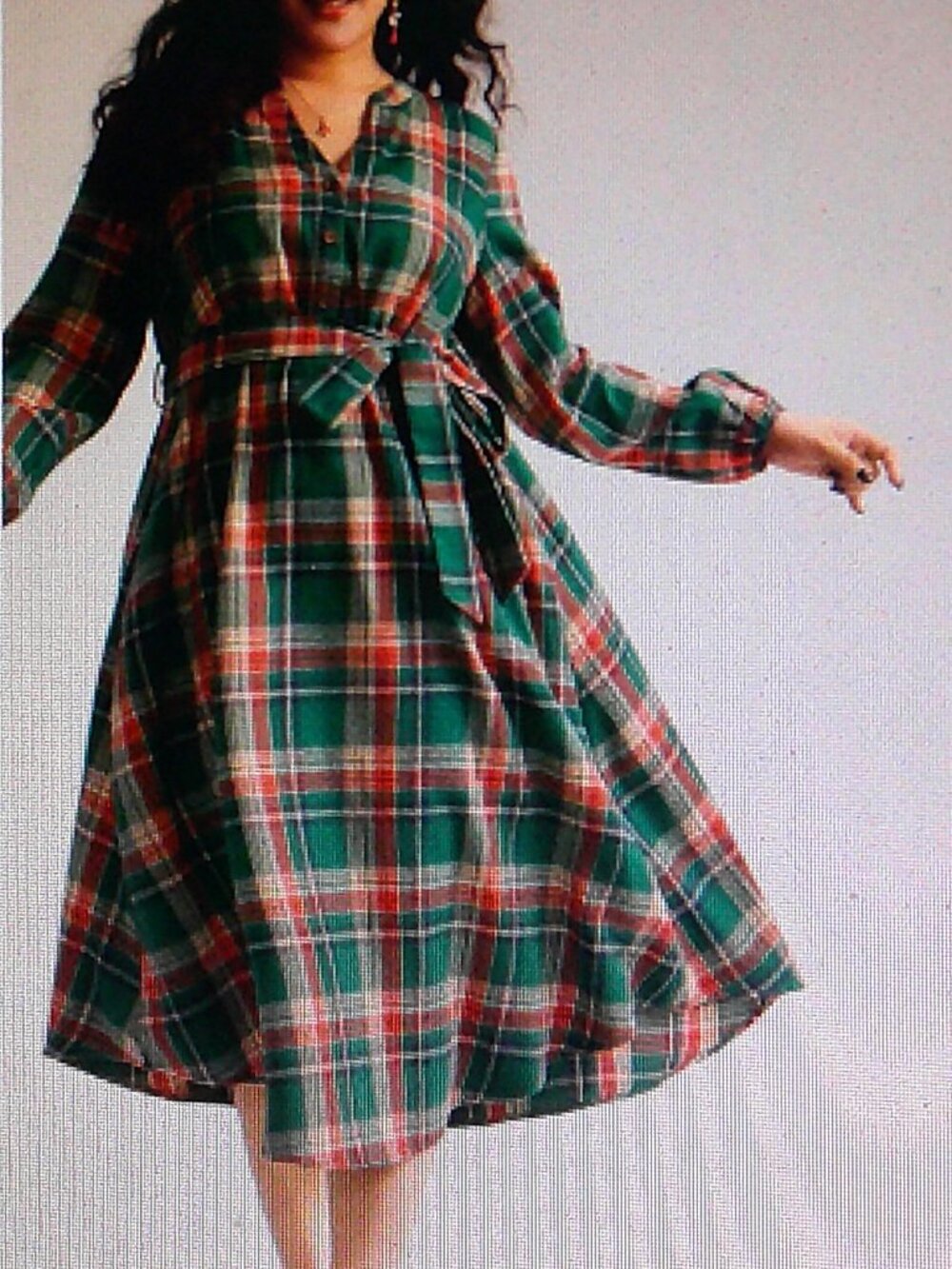 NEW "Bloomchic" Plaid Notched Belted Pocket Curved Hem Flannel Dress Woman Sz 26 - Picture 3 of 7